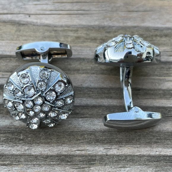 Cuff Links Men Shirt Crystal Accent Studd Cufflink Silver Tone Cuff link - Picture 6 of 12